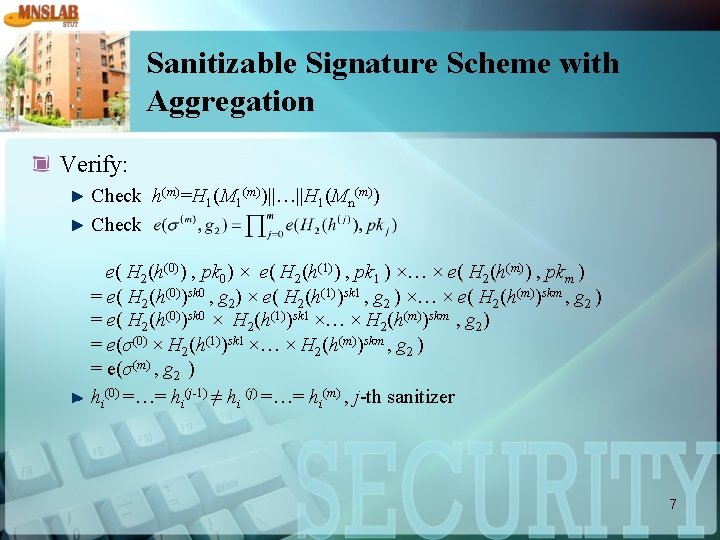 Sanitizable Signature Scheme with Aggregation Verify: Check h(m)=H 1(M 1(m))||…||H 1(Mn(m)) Check e( H