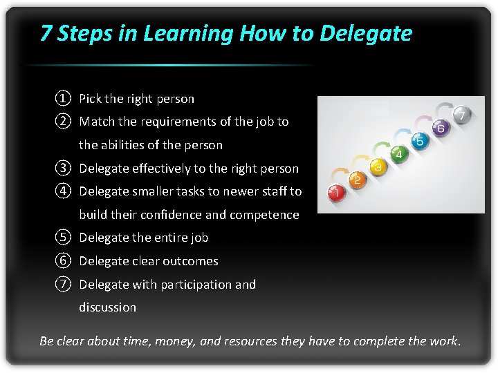 7 Steps in Learning How to Delegate ① Pick the right person ② Match