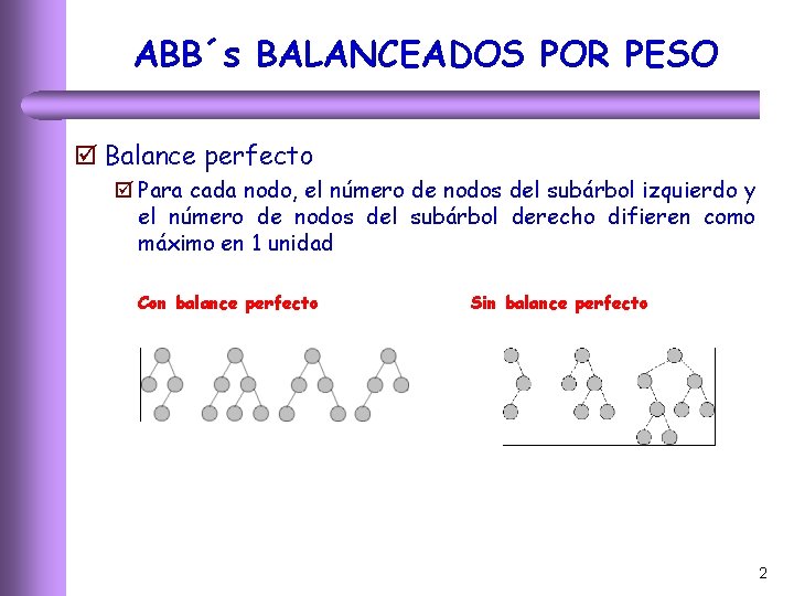 ABB´s BALANCEADOS POR PESO þ Balance perfecto þ Para cada nodo, el número de