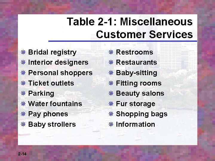 Table 2 -1: Miscellaneous Customer Services ¯ Bridal registry ¯ Interior designers ¯ Personal