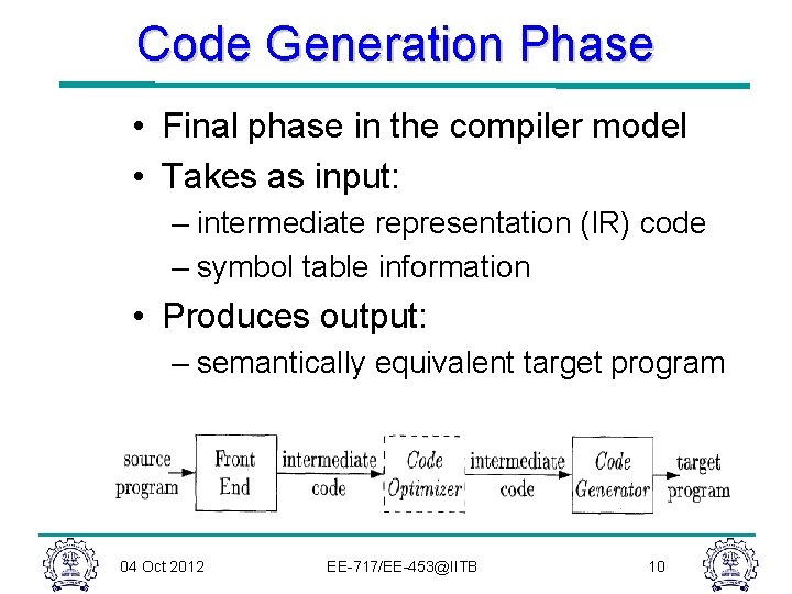 Code Generation Phase • Final phase in the compiler model • Takes as input: Code Generation Phase • Final phase in the compiler model • Takes as input: