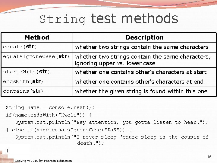 String test methods Method equals(str) Description whether two strings contain the same characters equals. String test methods Method equals(str) Description whether two strings contain the same characters equals.