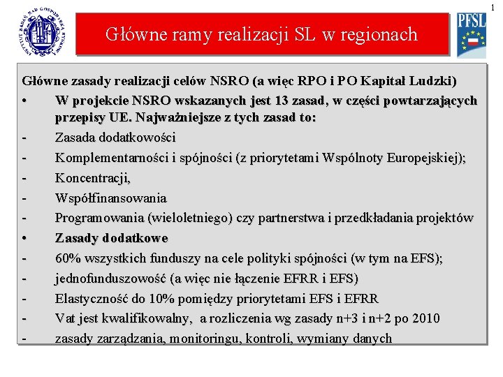 1 Główne ramy realizacji SL w regionach Główne zasady realizacji celów NSRO (a więc