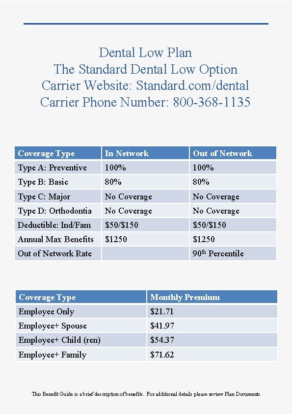 Dental Low Plan The Standard Dental Low Option Carrier Website: Standard. com/dental Carrier Phone