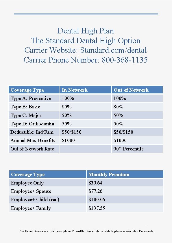 Dental High Plan The Standard Dental High Option Carrier Website: Standard. com/dental Carrier Phone