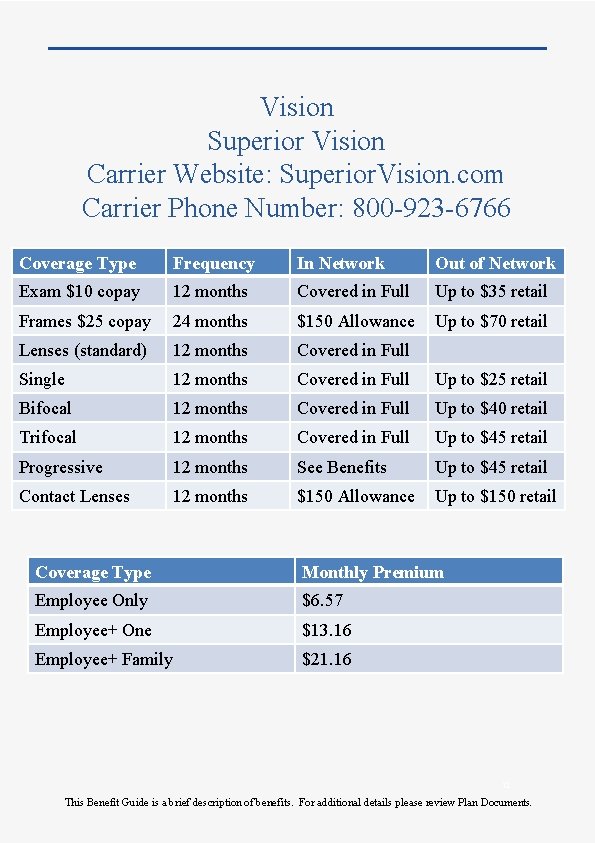 Vision Superior Vision Carrier Website: Superior. Vision. com Carrier Phone Number: 800 -923 -6766