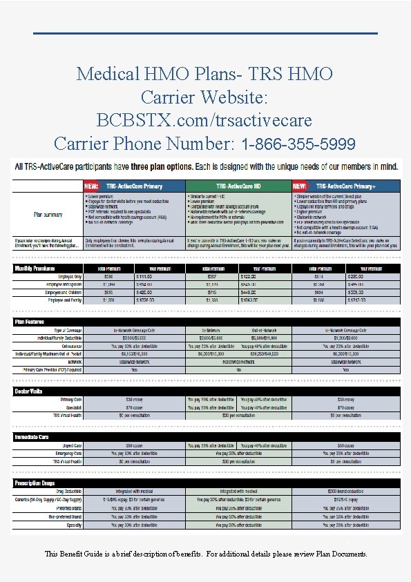 Medical HMO Plans- TRS HMO Carrier Website: BCBSTX. com/trsactivecare Carrier Phone Number: 1 -866