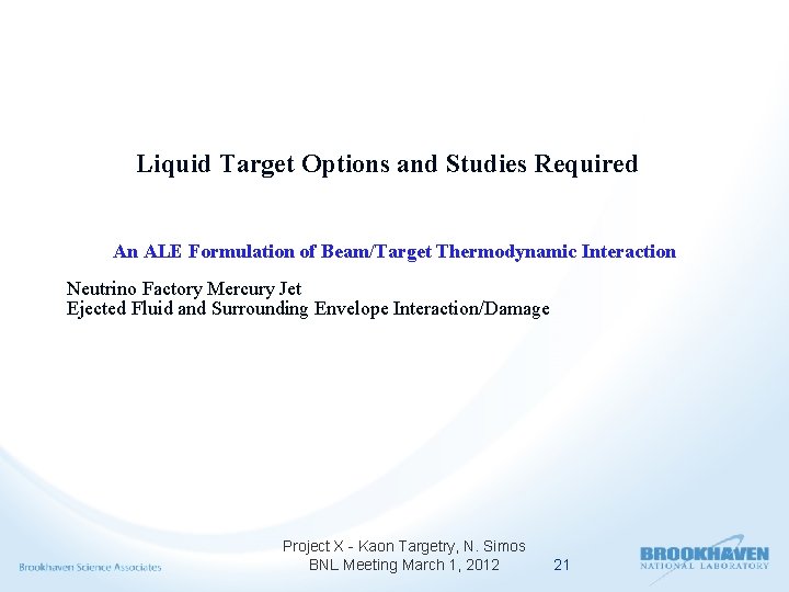 Liquid Target Options and Studies Required An ALE Formulation of Beam/Target Thermodynamic Interaction Neutrino