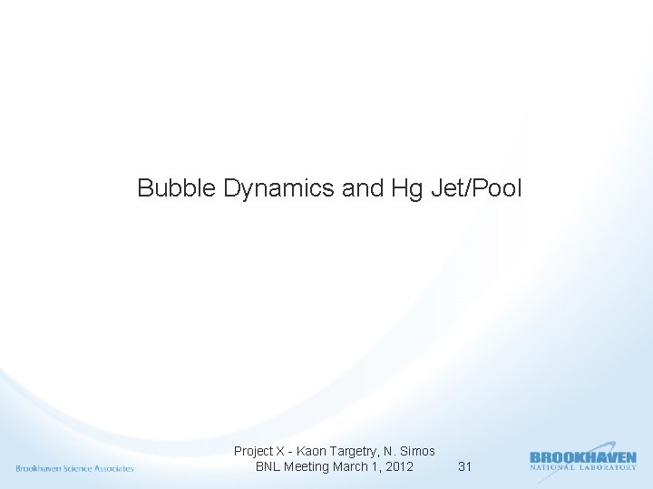 Bubble Dynamics and Hg Jet/Pool Project X - Kaon Targetry, N. Simos BNL Meeting