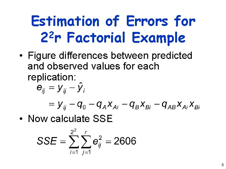 Estimation of Errors for 22 r Factorial Example • Figure differences between predicted and