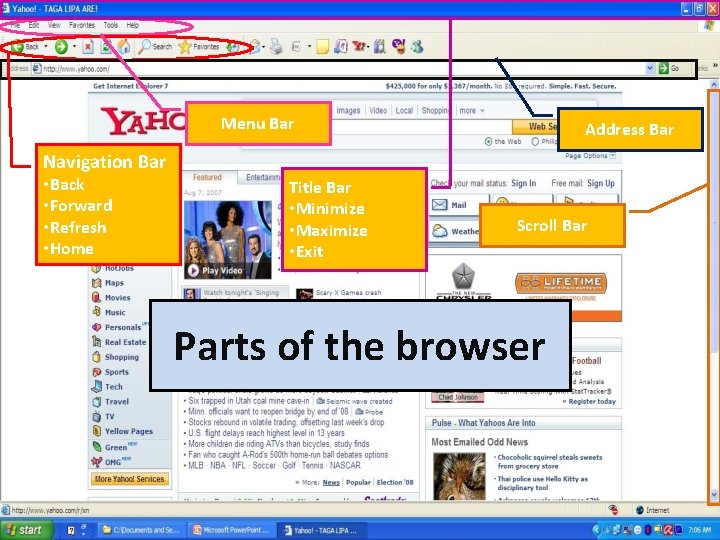 Menu Bar Address Bar Navigation Bar • Back • Forward • Refresh • Home