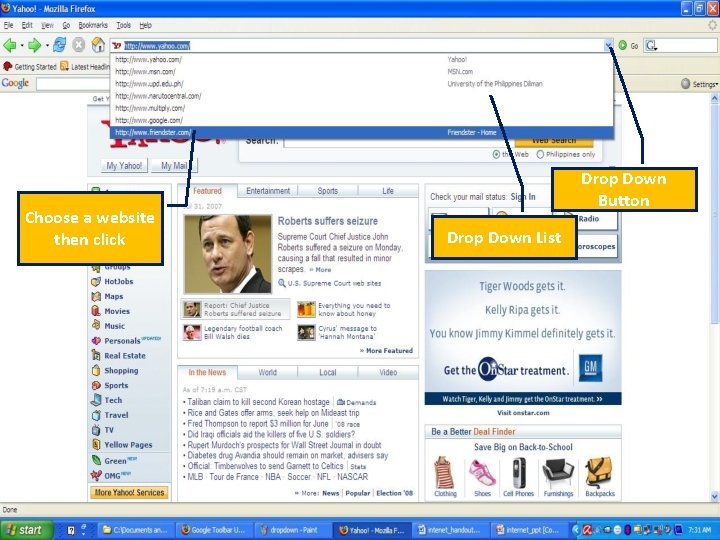 Choose a website then click Drop Down Button Drop Down List 