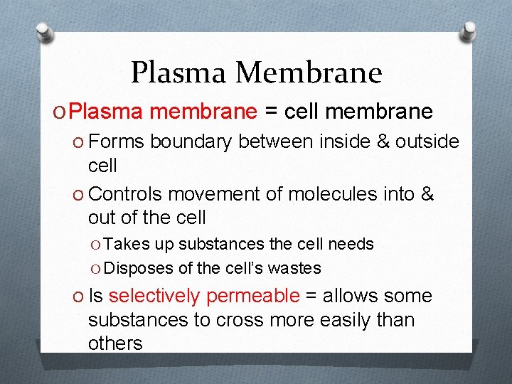 Plasma Membrane O Plasma membrane = cell membrane O Forms boundary between inside &