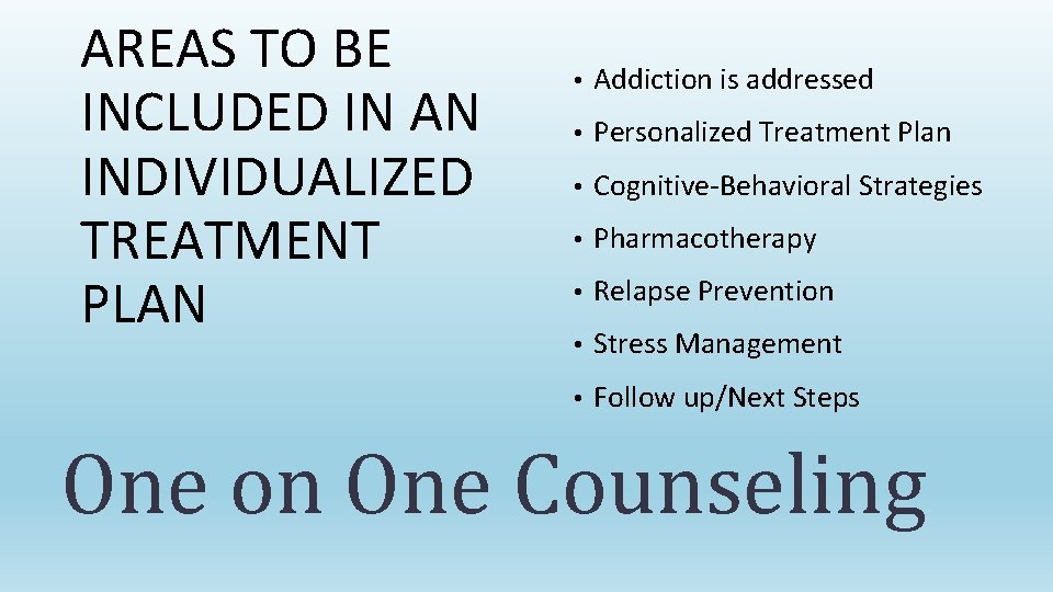 AREAS TO BE INCLUDED IN AN INDIVIDUALIZED TREATMENT PLAN • Addiction is addressed •