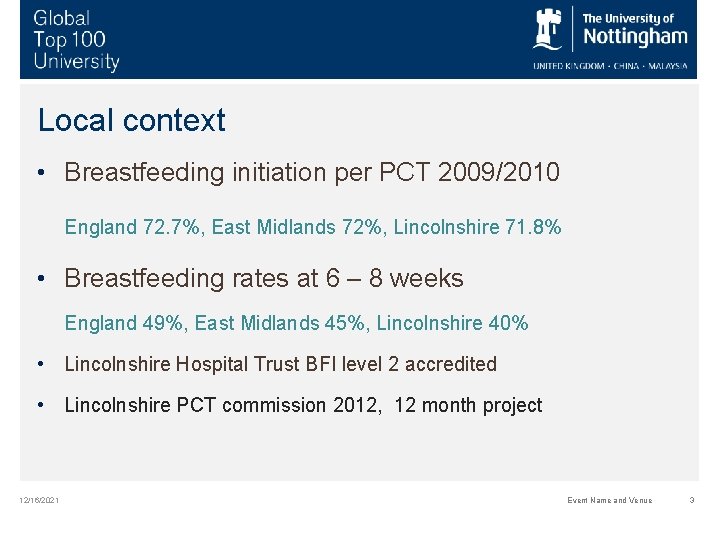 Local context • Breastfeeding initiation per PCT 2009/2010 England 72. 7%, East Midlands 72%,