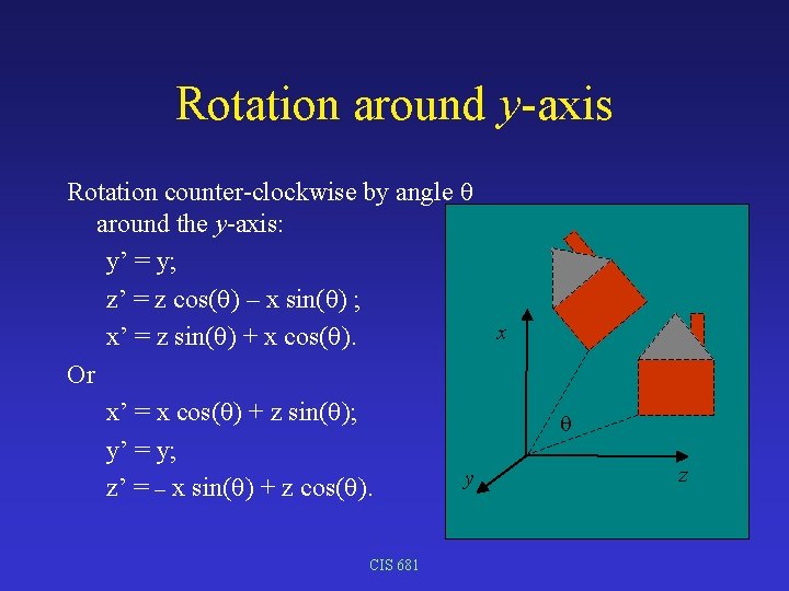 Rotation around y-axis Rotation counter-clockwise by angle around the y-axis: y’ = y; z’