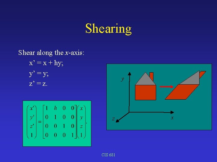 Shearing Shear along the x-axis: x’ = x + hy; y’ = y; z’