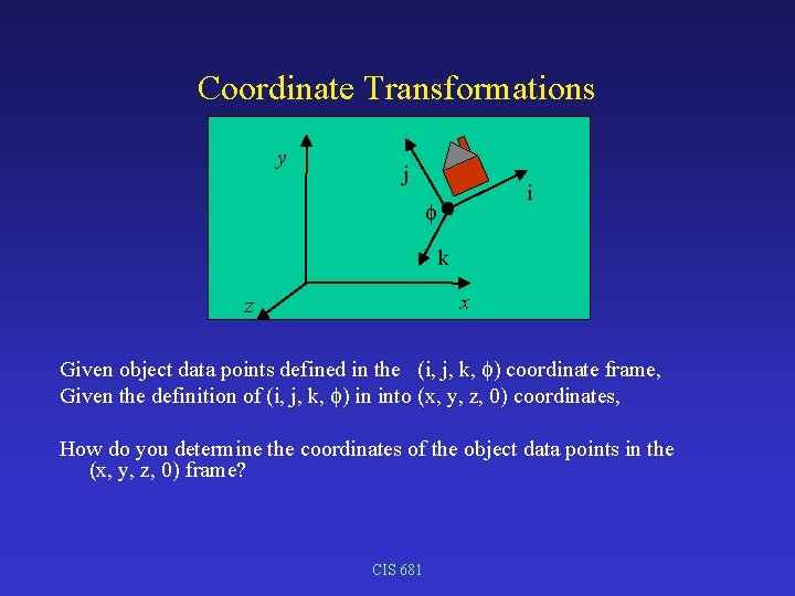 Coordinate Transformations y j i k x z Given object data points defined in