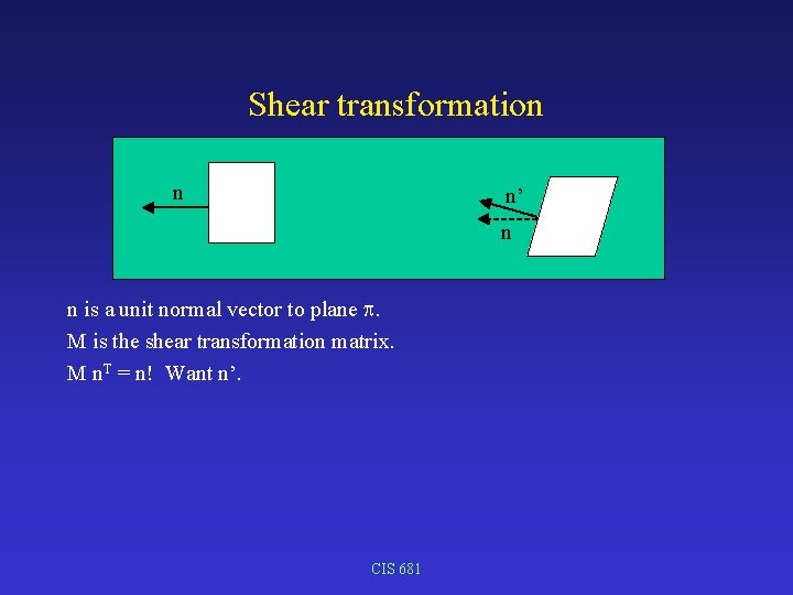 Shear transformation n n’ n n is a unit normal vector to plane .