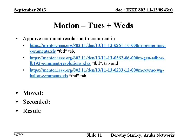 September 2013 doc. : IEEE 802. 11 -13/0943 r 0 Motion – Tues +