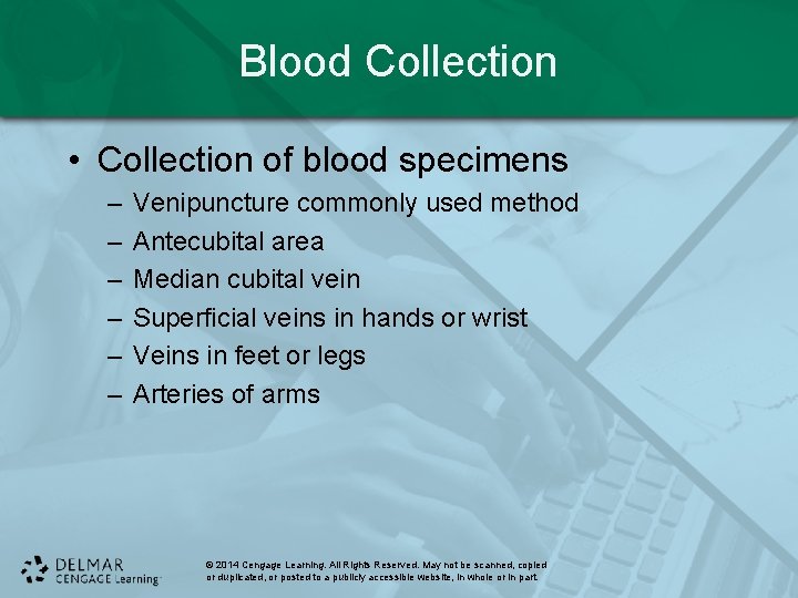 Blood Collection • Collection of blood specimens – – – Venipuncture commonly used method