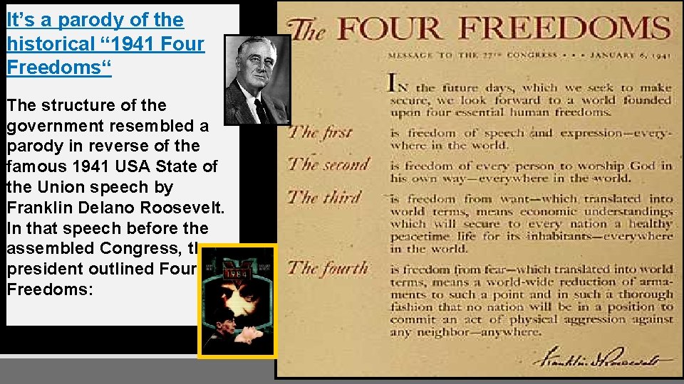 It’s a parody of the historical “ 1941 Four Freedoms“ The structure of the