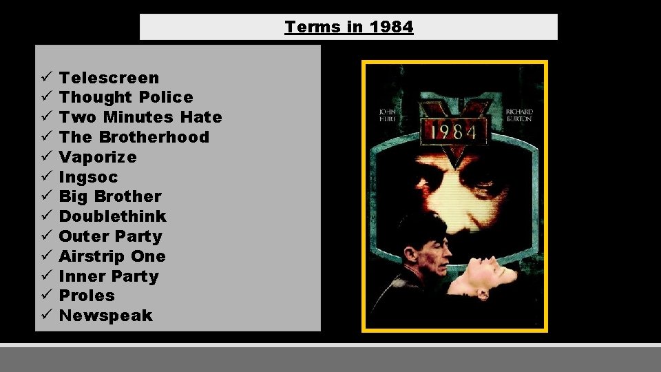 Terms in 1984 ü ü ü ü Telescreen Thought Police Two Minutes Hate The