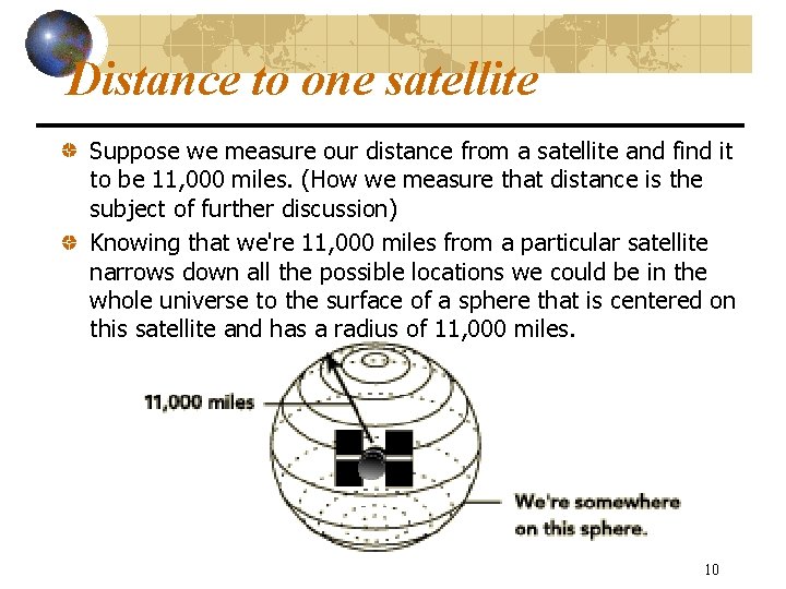 Distance to one satellite Suppose we measure our distance from a satellite and find
