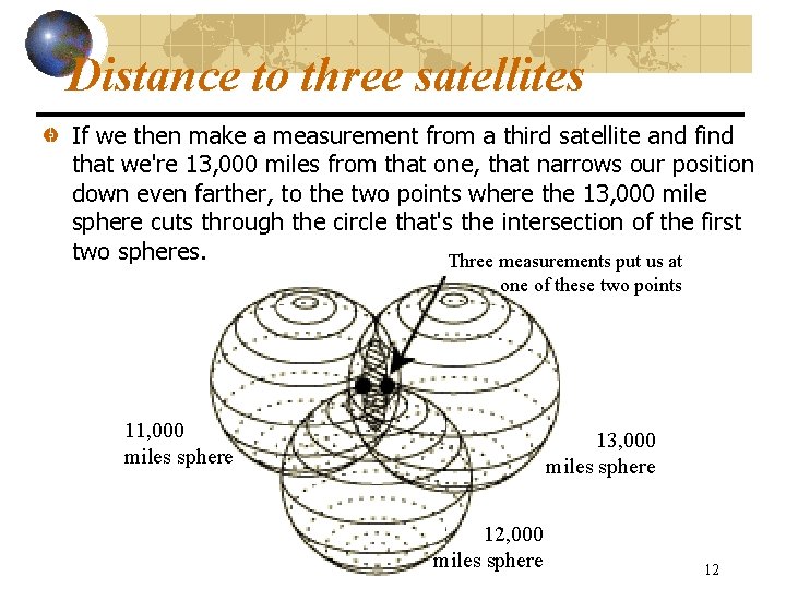 Distance to three satellites If we then make a measurement from a third satellite