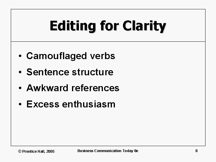 Editing for Clarity • Camouflaged verbs • Sentence structure • Awkward references • Excess