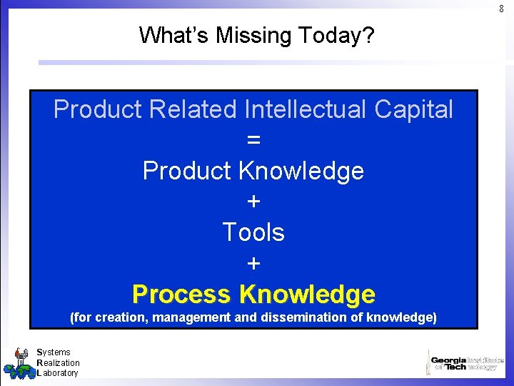 8 What’s Missing Today? Product Related Intellectual Capital = Product Knowledge + Tools +