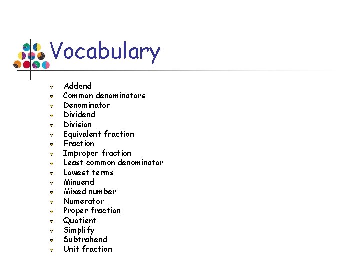 Vocabulary Addend Common denominators Denominator Dividend Division Equivalent fraction Fraction Improper fraction Least common