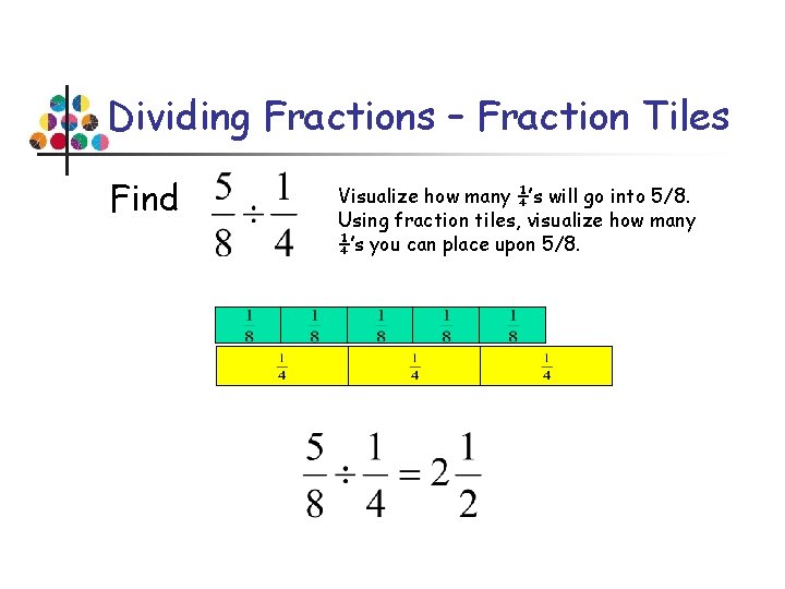 Dividing Fractions – Fraction Tiles Find Visualize how many ¼’s will go into 5/8.