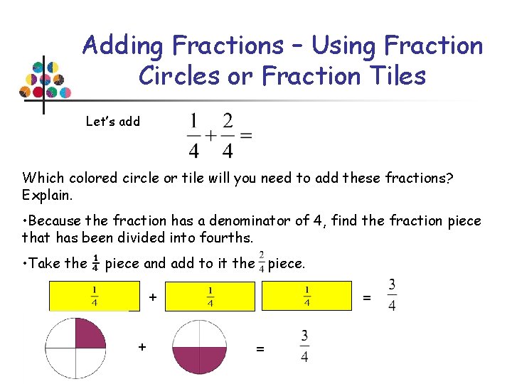 Adding Fractions – Using Fraction Circles or Fraction Tiles Let’s add Which colored circle