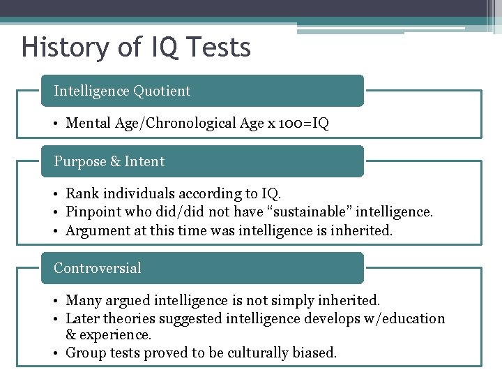 History of IQ Tests Intelligence Quotient • Mental Age/Chronological Age x 100=IQ Purpose & History of IQ Tests Intelligence Quotient • Mental Age/Chronological Age x 100=IQ Purpose &