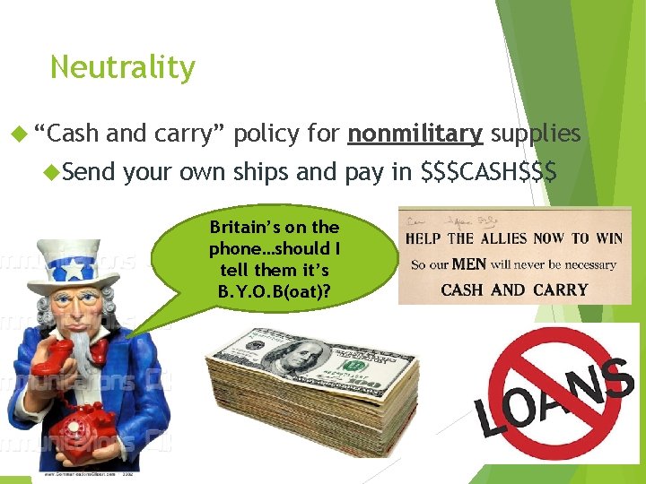 Neutrality “Cash and carry” policy for nonmilitary supplies Send your own ships and pay
