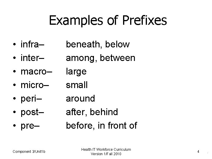 Examples of Prefixes • • infra– inter– macro– micro– peri– post– pre– Component 3/Unit Examples of Prefixes • • infra– inter– macro– micro– peri– post– pre– Component 3/Unit