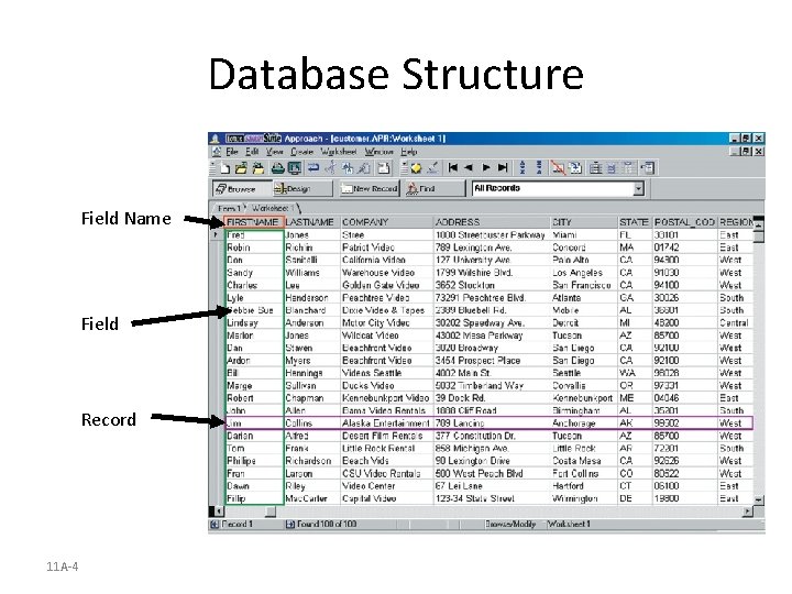 Database Structure Field Name Field Record 11 A-4  Database Structure Field Name Field Record 11 A-4