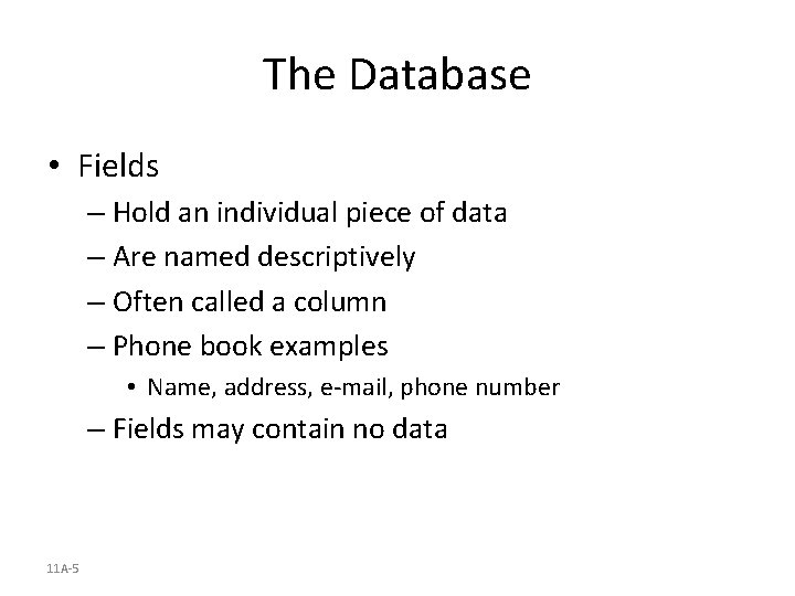 The Database • Fields – Hold an individual piece of data – Are named