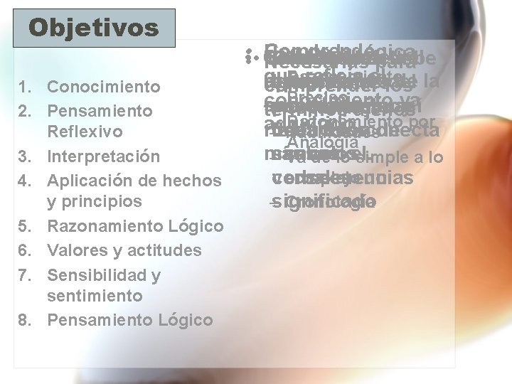 Objetivos 1. Conocimiento 2. Pensamiento Reflexivo 3. Interpretación 4. Aplicación de hechos y principios