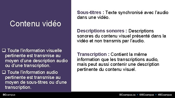 Contenu vidéo Sous-titres : Texte synchronisé avec l’audio dans une vidéo. Descriptions sonores :