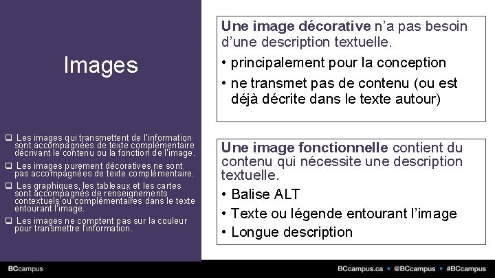 Images q Les images qui transmettent de l’information sont accompagnées de texte complémentaire décrivant