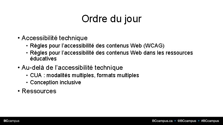Ordre du jour • Accessibilité technique • Règles pour l’accessibilité des contenus Web (WCAG)