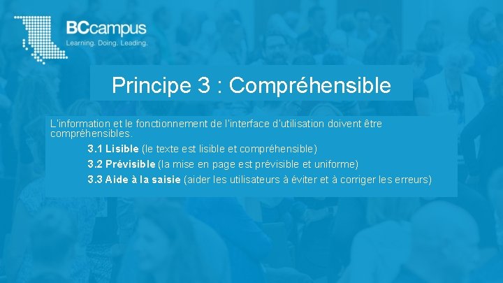 Principe 3 : Compréhensible L’information et le fonctionnement de l’interface d’utilisation doivent être compréhensibles.