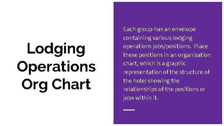 Lodging Operations Org Chart Each group has an envelope containing various lodging operations jobs/positions.