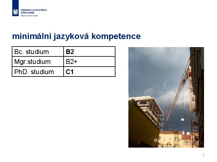 minimální jazyková kompetence Bc. studium B 2 Mgr. studium B 2+ Ph. D. studium