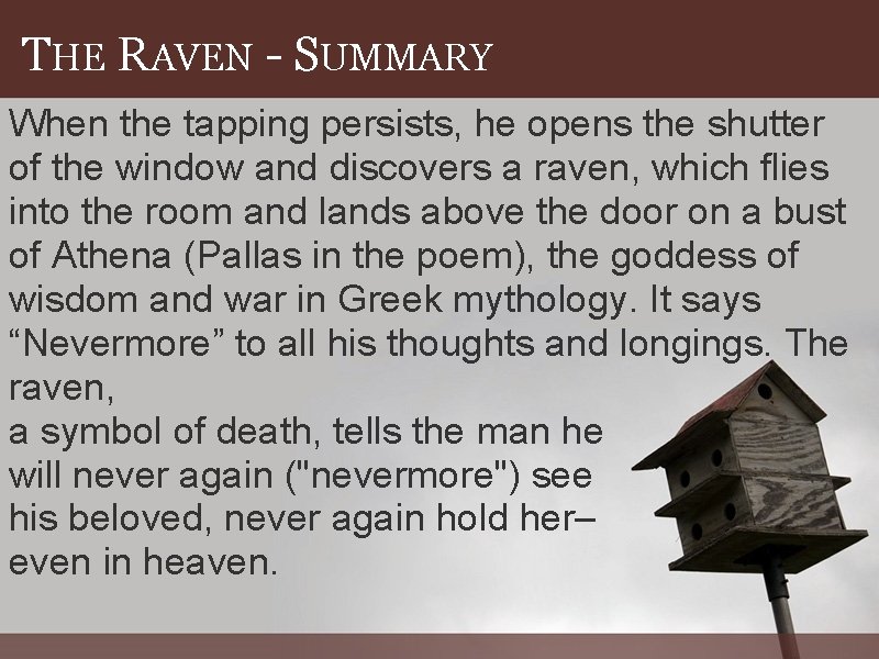 THE RAVEN - SUMMARY When the tapping persists, he opens the shutter of the