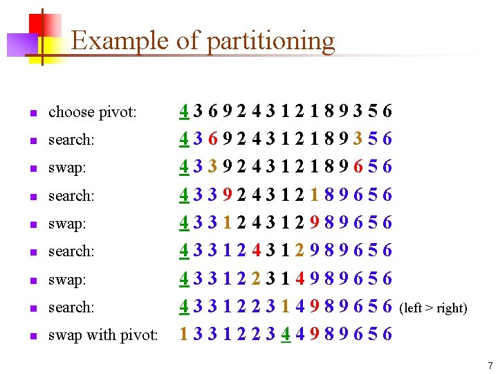 Example of partitioning n choose pivot: n search: n swap: n search: n swap Example of partitioning n choose pivot: n search: n swap: n search: n swap