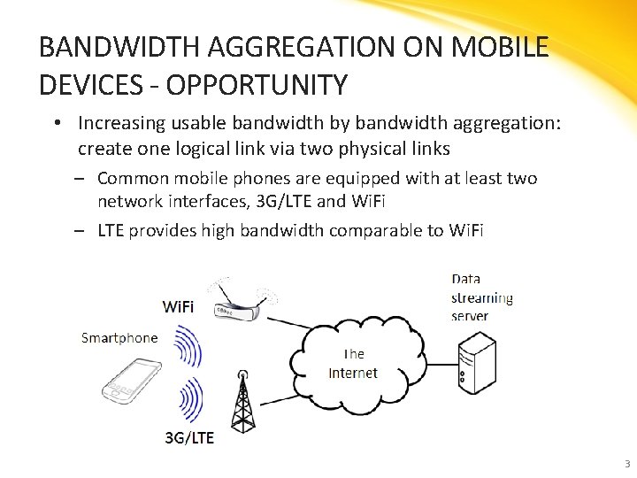 BANDWIDTH AGGREGATION ON MOBILE DEVICES - OPPORTUNITY • Increasing usable bandwidth by bandwidth aggregation: