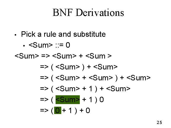 BNF Derivations Pick a rule and substitute • <Sum> : : = 0 <Sum> BNF Derivations Pick a rule and substitute • <Sum> : : = 0 <Sum>
